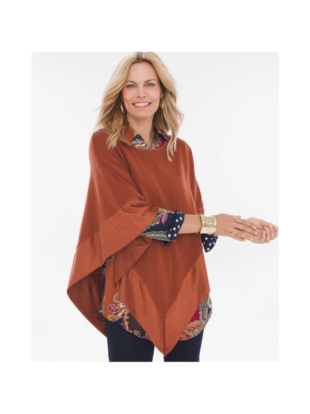 NWT CHICO’S Suede Trim Sweater Cape Poncho triangle copper pearl Size L/ XL